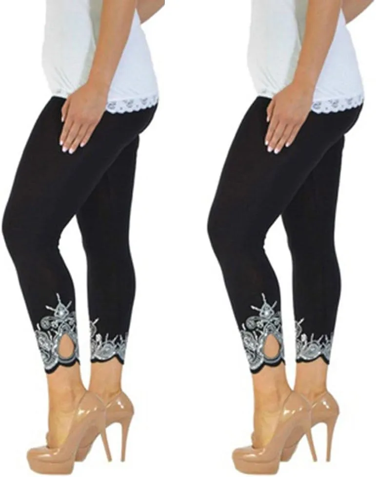 Lace Leggings for Women Capri Jean Leggings High Waisted Yoga Pants Stretch Tights Summer Cropped Trousers Plus Size