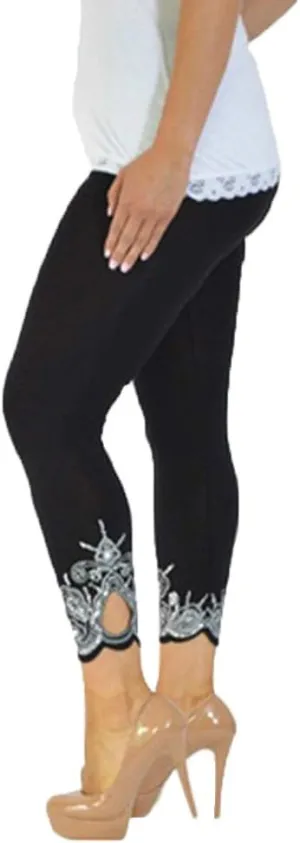 Lace Leggings for Women Capri Jean Leggings High Waisted Yoga Pants Stretch Tights Summer Cropped Trousers Plus Size