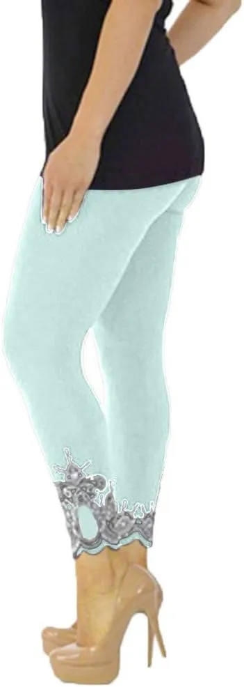 Lace Leggings for Women Capri Jean Leggings High Waisted Yoga Pants Stretch Tights Summer Cropped Trousers Plus Size