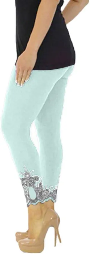 Lace Leggings for Women Capri Jean Leggings High Waisted Yoga Pants Stretch Tights Summer Cropped Trousers Plus Size