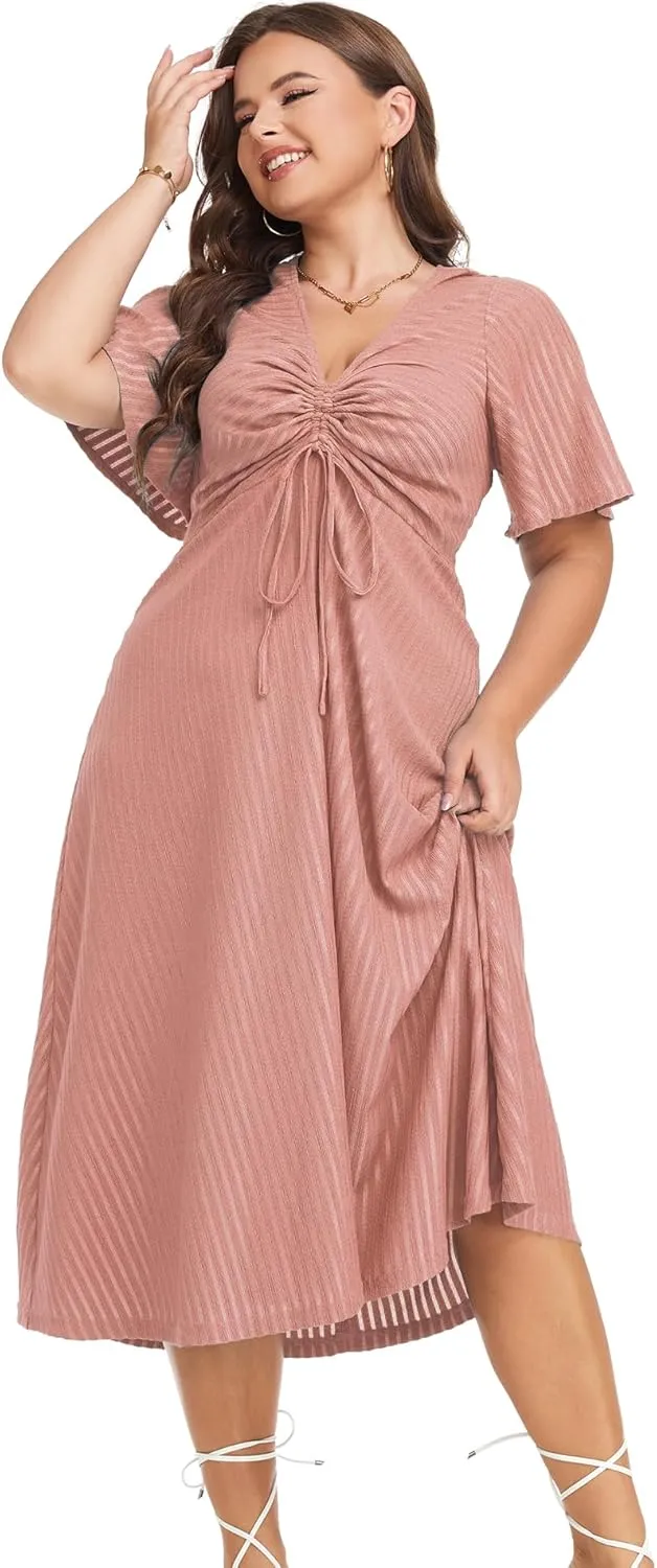 LALAGEN Womens Plus Size Boho Summer Midi Dress 2024 Flutter Short Sleeve Drawstring V Neck Flowy Beach Long Dress 1X-6X