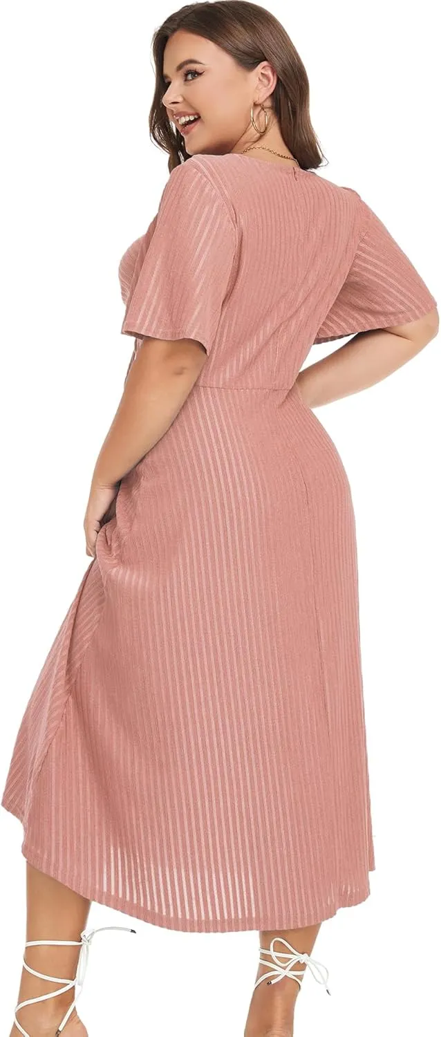 LALAGEN Womens Plus Size Boho Summer Midi Dress 2024 Flutter Short Sleeve Drawstring V Neck Flowy Beach Long Dress 1X-6X