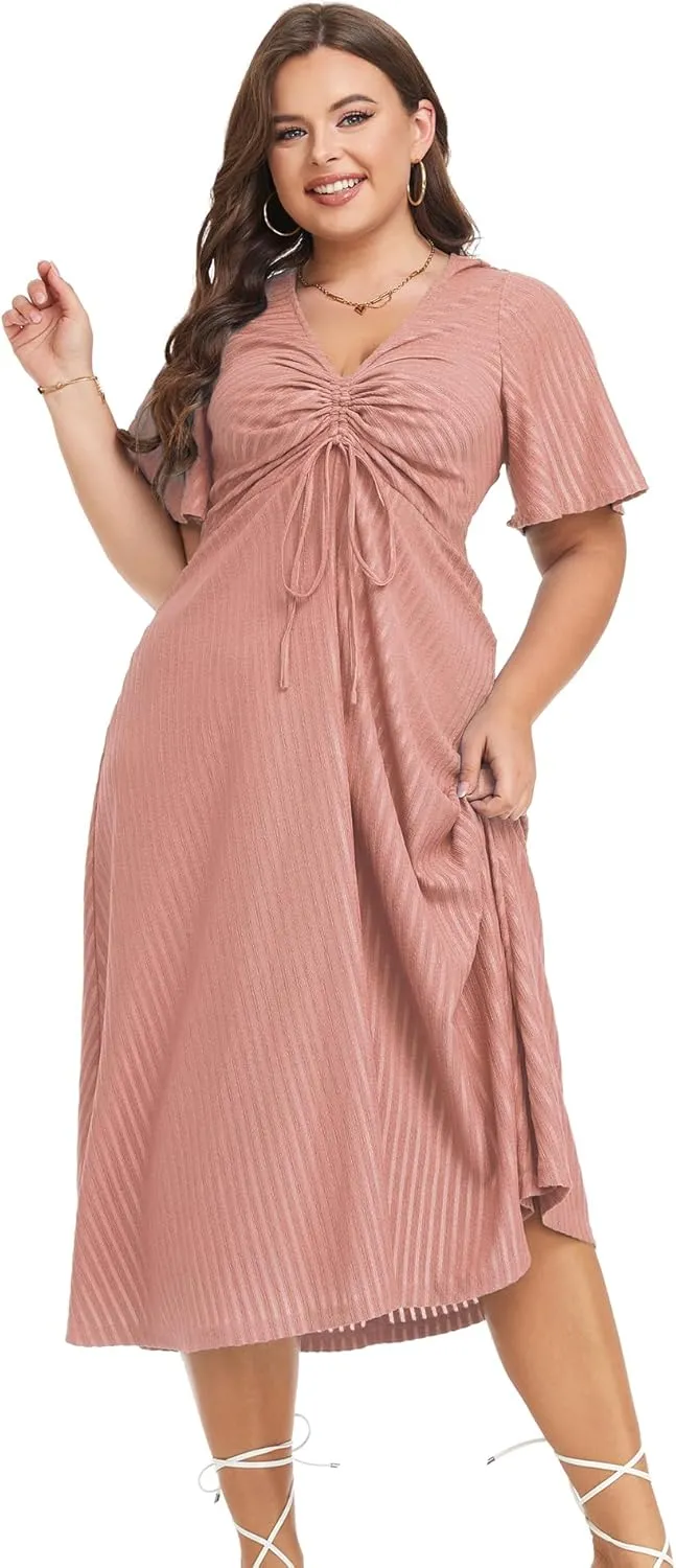 LALAGEN Womens Plus Size Boho Summer Midi Dress 2024 Flutter Short Sleeve Drawstring V Neck Flowy Beach Long Dress 1X-6X