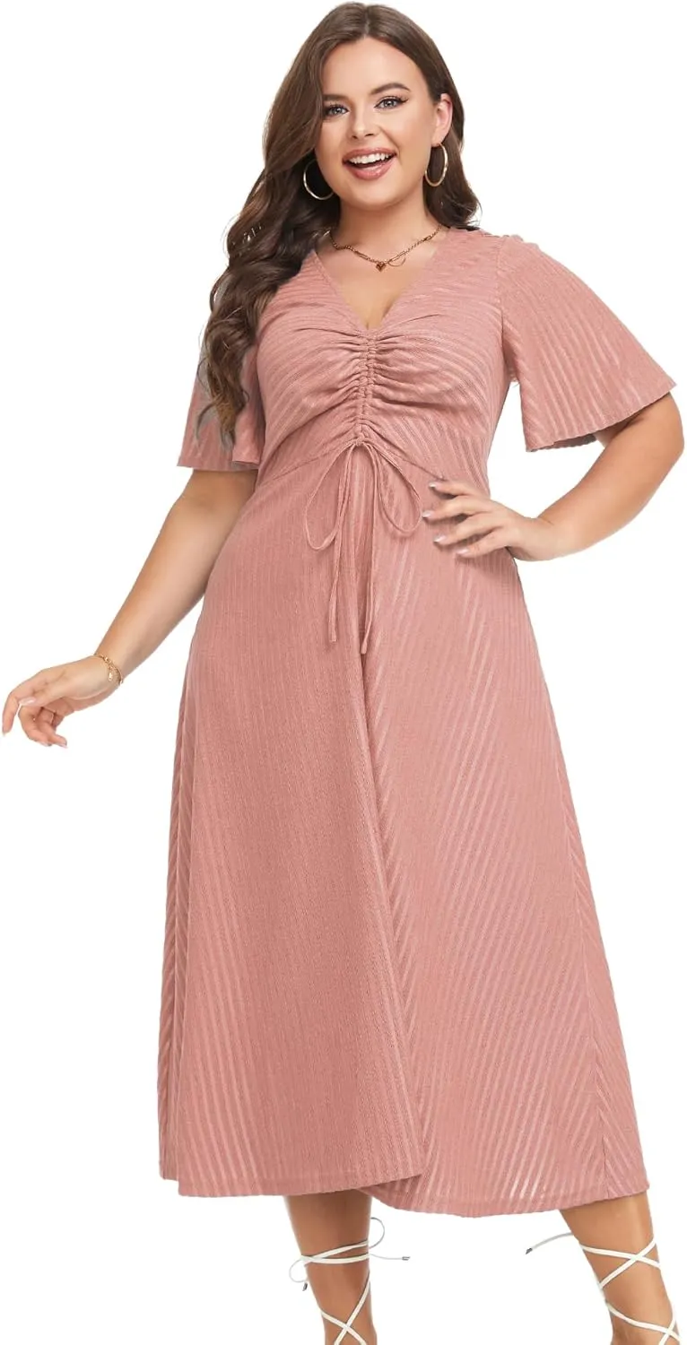LALAGEN Womens Plus Size Boho Summer Midi Dress 2024 Flutter Short Sleeve Drawstring V Neck Flowy Beach Long Dress 1X-6X