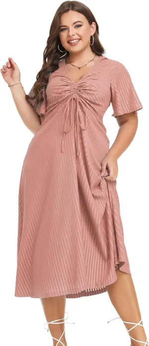 LALAGEN Womens Plus Size Boho Summer Midi Dress 2024 Flutter Short Sleeve Drawstring V Neck Flowy Beach Long Dress 1X-6X