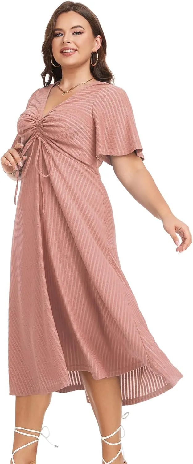 LALAGEN Womens Plus Size Boho Summer Midi Dress 2024 Flutter Short Sleeve Drawstring V Neck Flowy Beach Long Dress 1X-6X