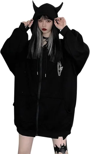LAVASEON Women Oversized Devil Horns Butterfly Brooch Chain Hoodies Harajuku Goth Zip Sweatshirt Pullover Tops