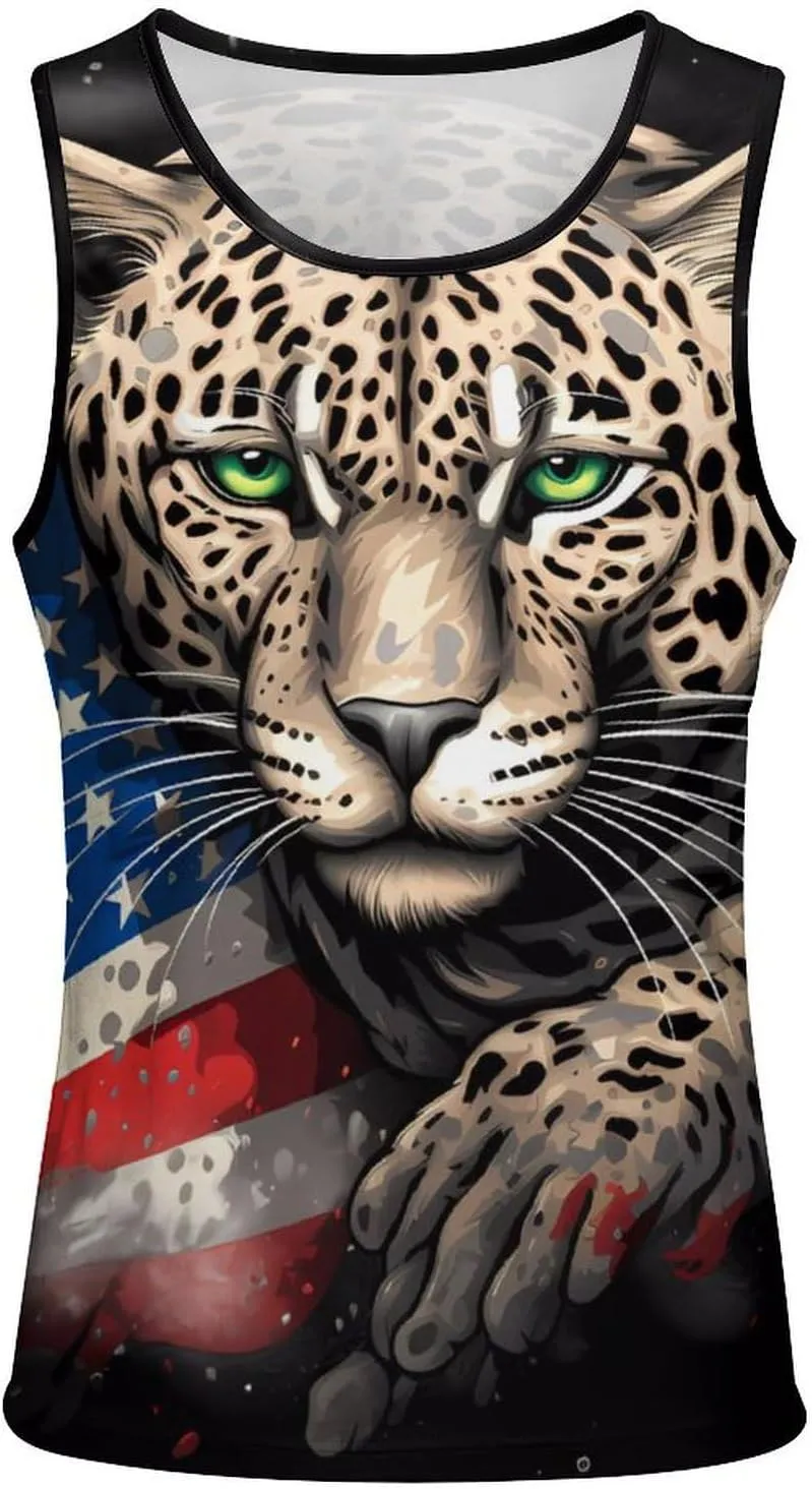 Leopard and U.S. Flag Mens Tank Top Undershirt Sleeveless Gym Vest Workout T-Shirts