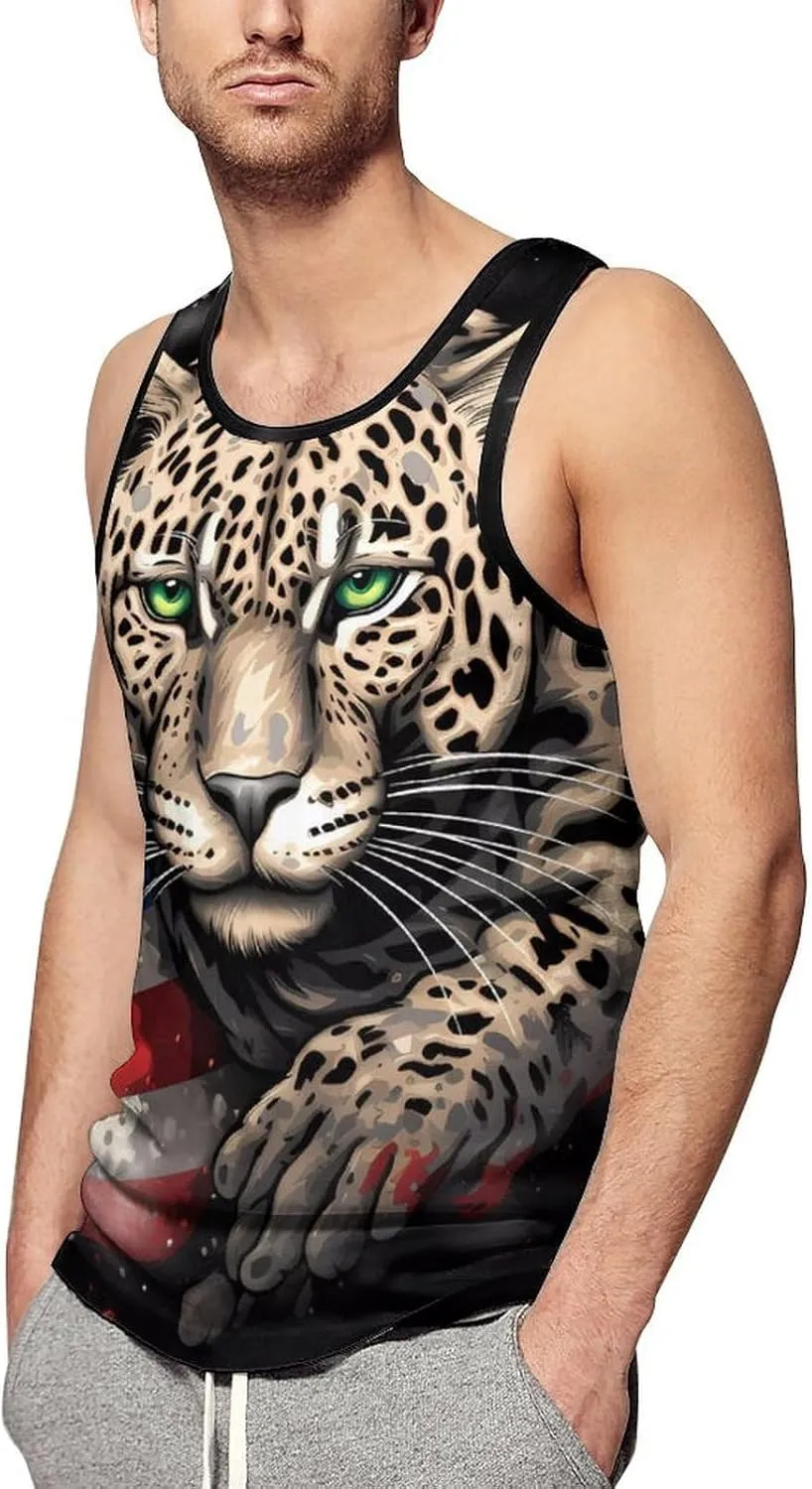 Leopard and U.S. Flag Mens Tank Top Undershirt Sleeveless Gym Vest Workout T-Shirts