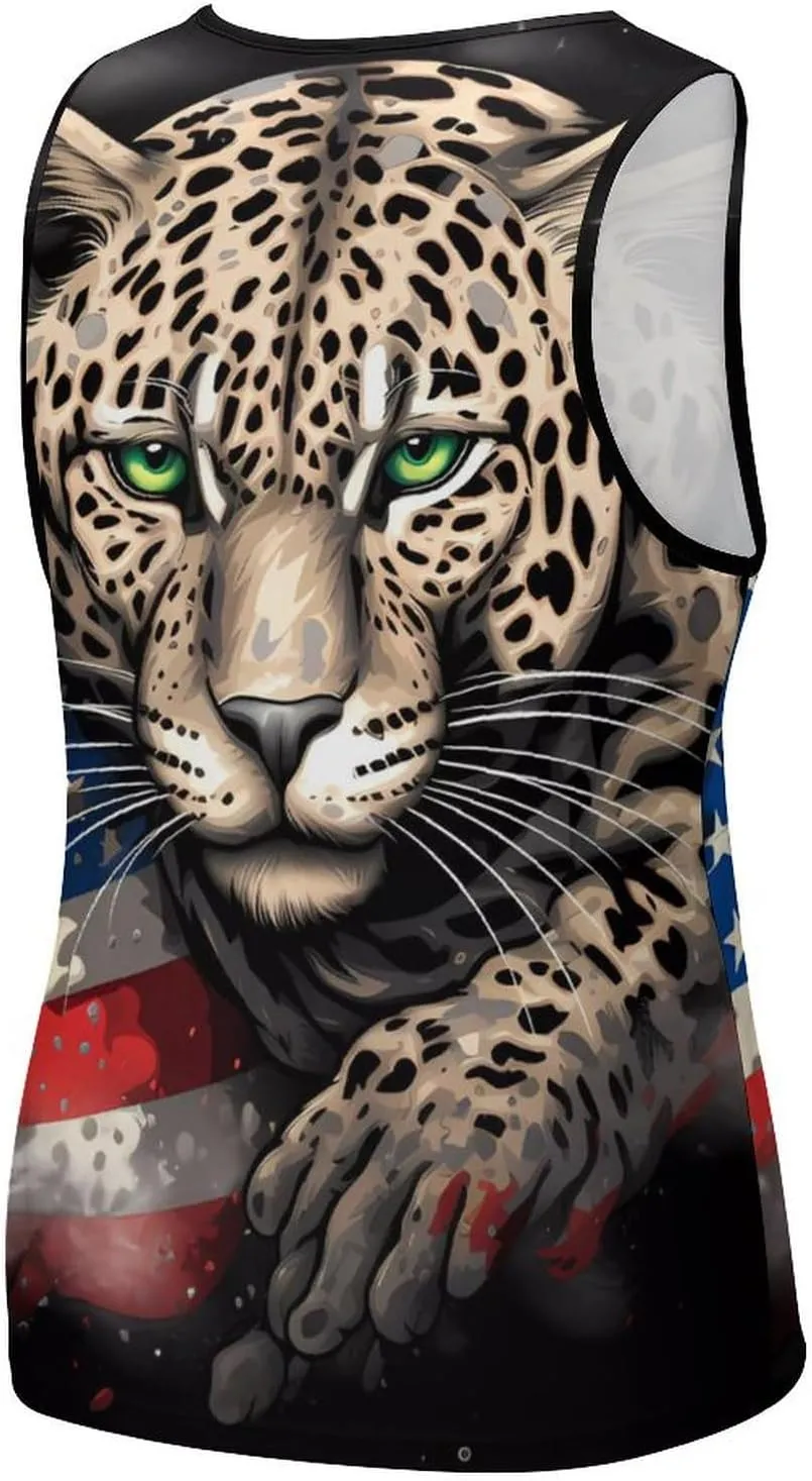 Leopard and U.S. Flag Mens Tank Top Undershirt Sleeveless Gym Vest Workout T-Shirts