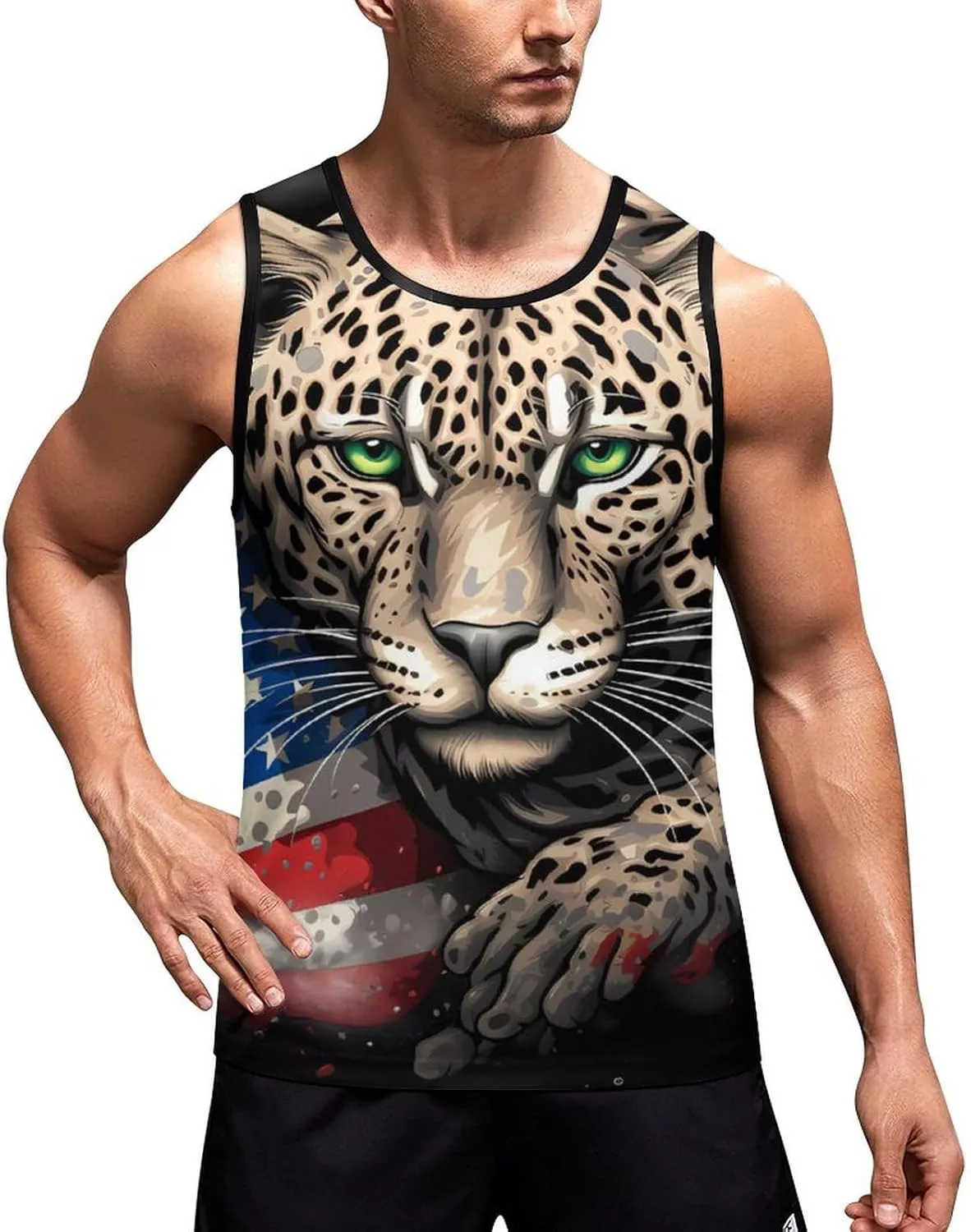 Leopard and U.S. Flag Mens Tank Top Undershirt Sleeveless Gym Vest Workout T-Shirts