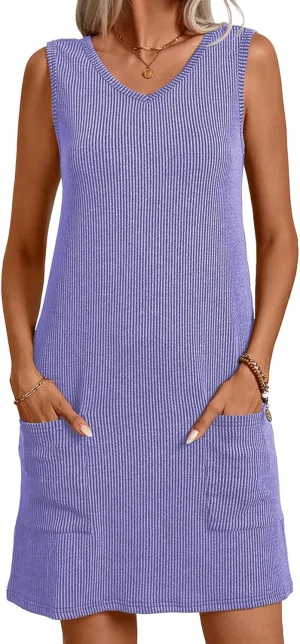levaca Sundresses for Women 2024 Sleeveless V Neck Ribbed Tank Casual Summer Dress with Pockets