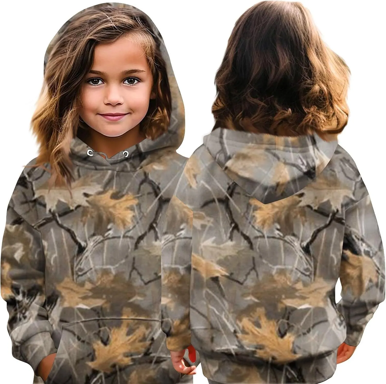 Light Camo Hoodies for Teen Girls Cute Sweatshirt Maple Leaf Print Oversized Fleece Sweatshirts Pullover Tops with Pocket