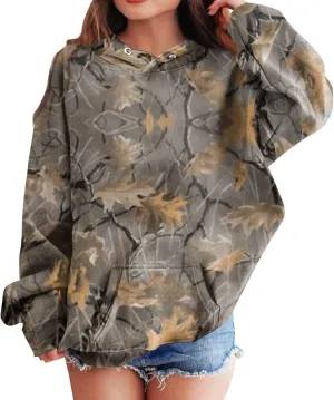 Light Camo Hoodies for Teen Girls Cute Sweatshirt Maple Leaf Print Oversized Fleece Sweatshirts Pullover Tops with Pocket