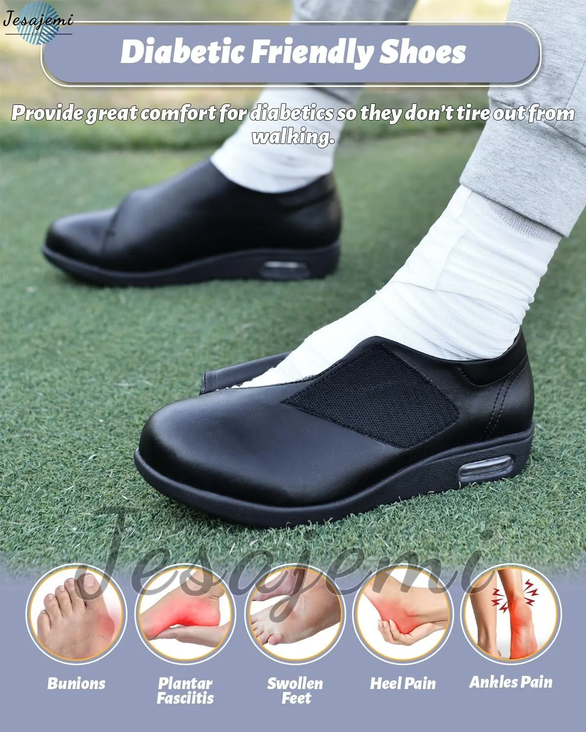 Lightweight Waterproof Diabetic Loafers for Men - Slip-On Wide Fit PU Leather Walking Shoes