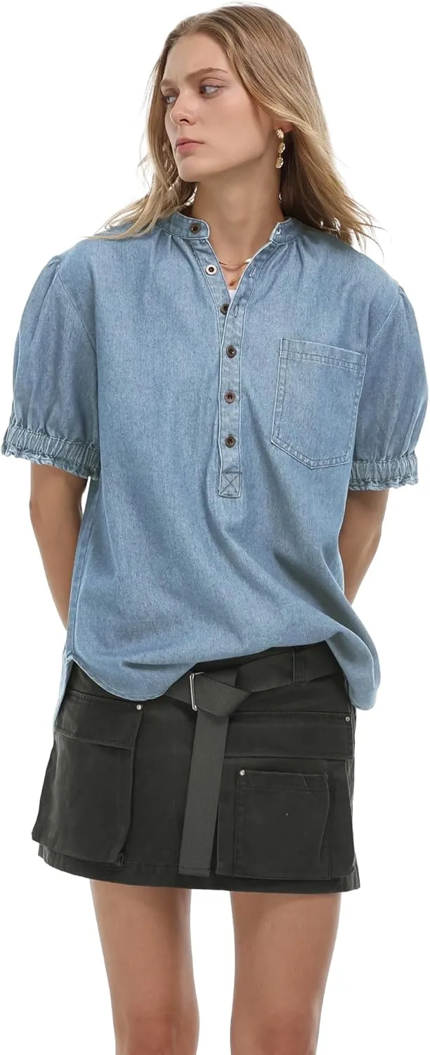 Locachy Women's Half Button Mock Neck Denim Shirt Casual Puff Short Sleeve Denim Blouse Top