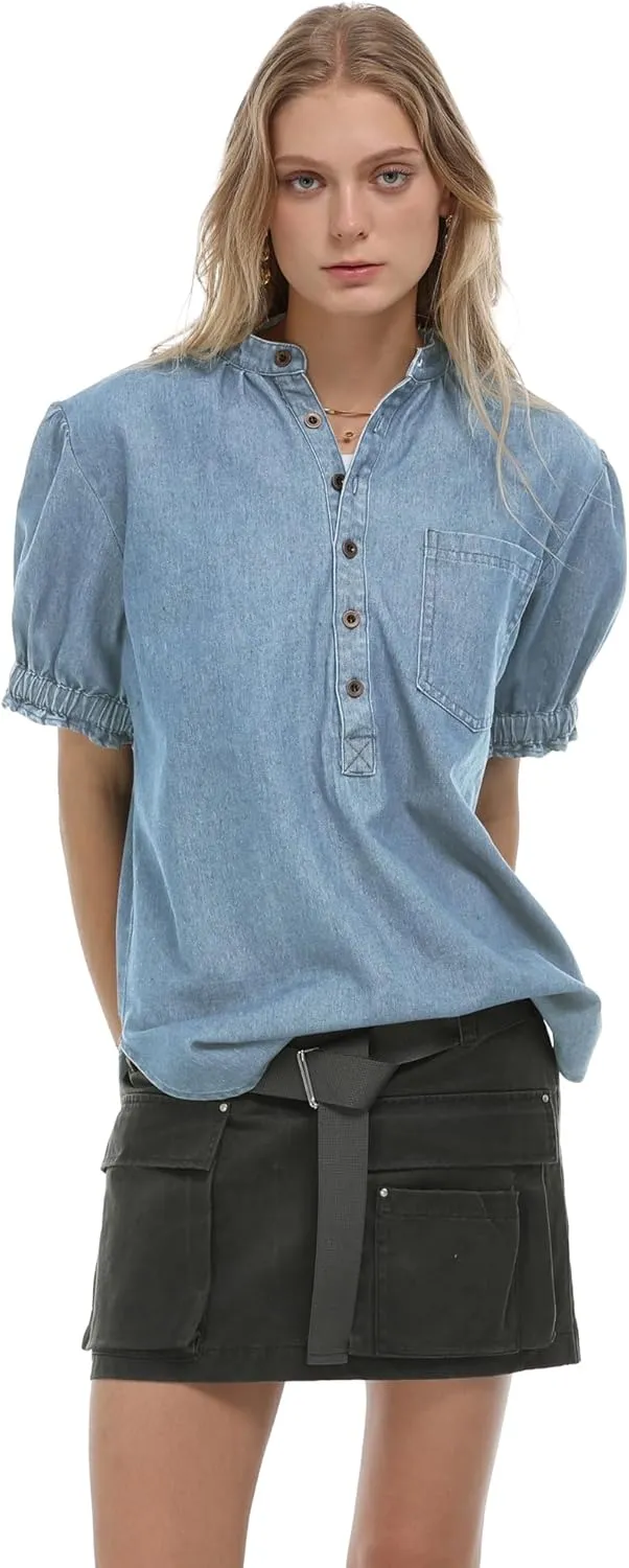 Locachy Women's Half Button Mock Neck Denim Shirt Casual Puff Short Sleeve Denim Blouse Top