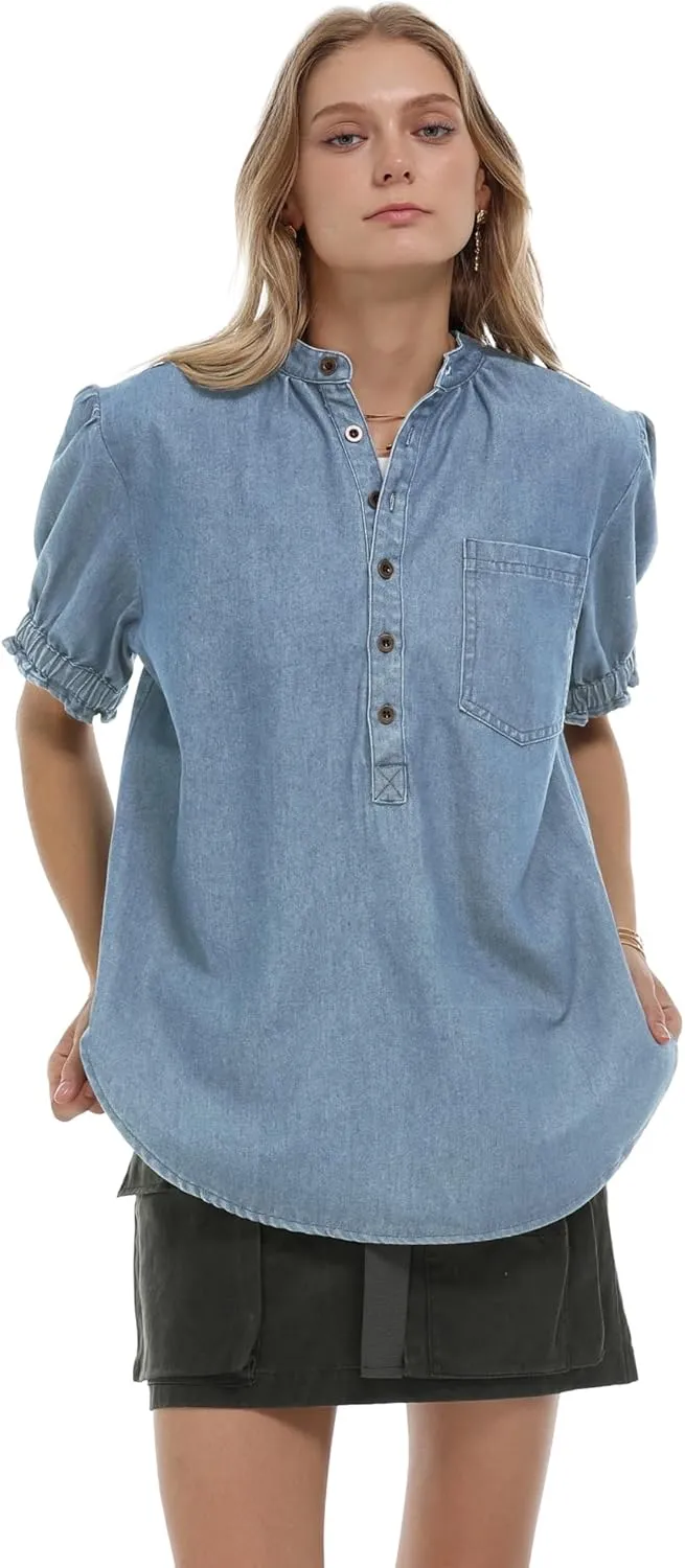 Locachy Women's Half Button Mock Neck Denim Shirt Casual Puff Short Sleeve Denim Blouse Top