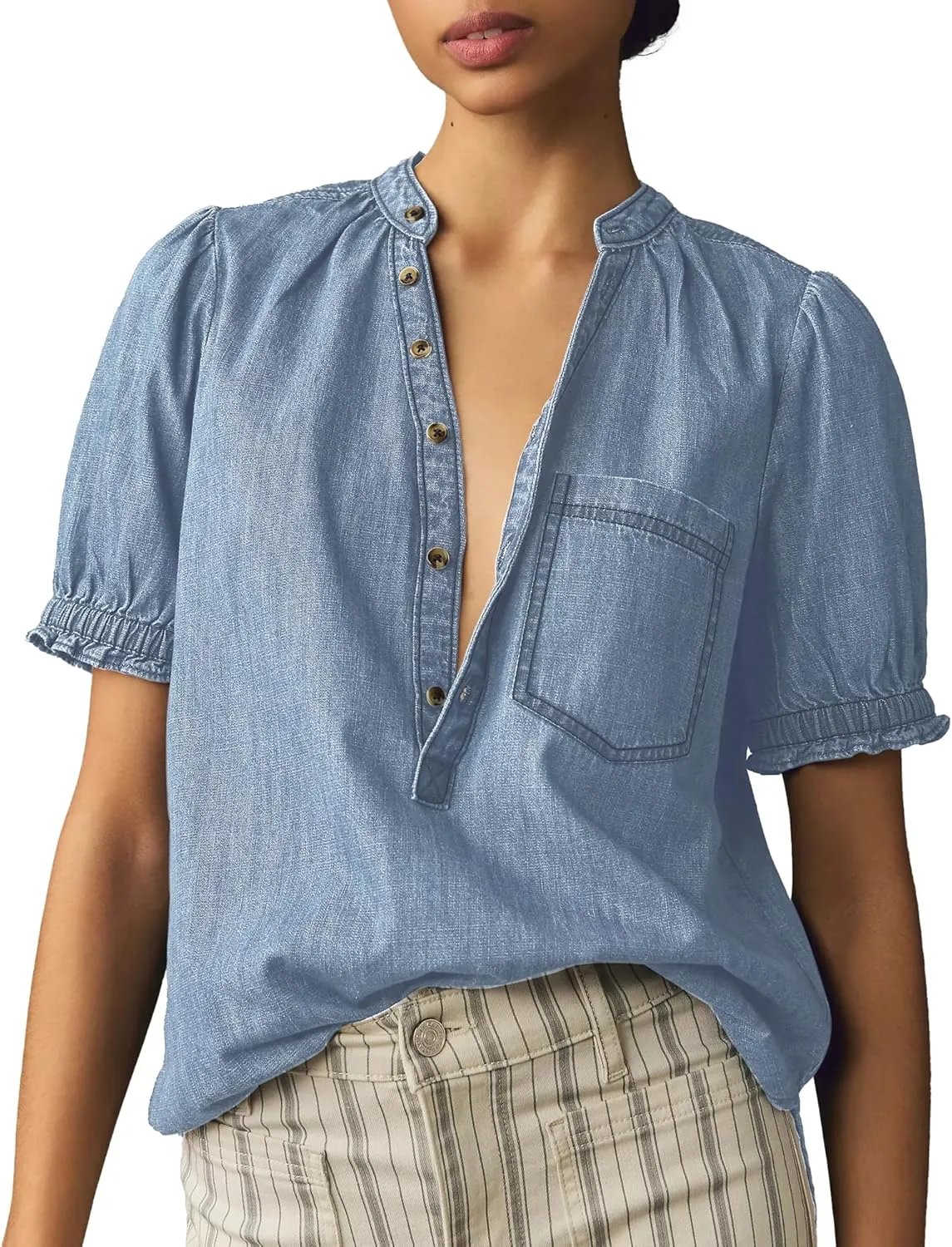 Locachy Women's Half Button Mock Neck Denim Shirt Casual Puff Short Sleeve Denim Blouse Top