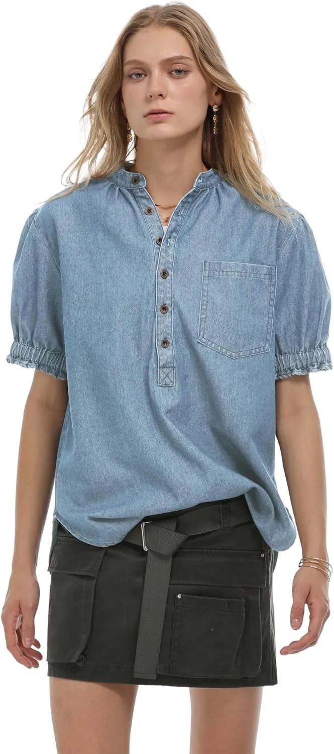 Locachy Women's Half Button Mock Neck Denim Shirt Casual Puff Short Sleeve Denim Blouse Top