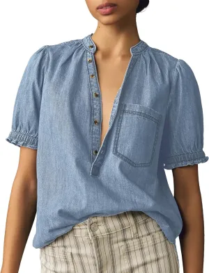 Locachy Women's Half Button Mock Neck Denim Shirt Casual Puff Short Sleeve Denim Blouse Top