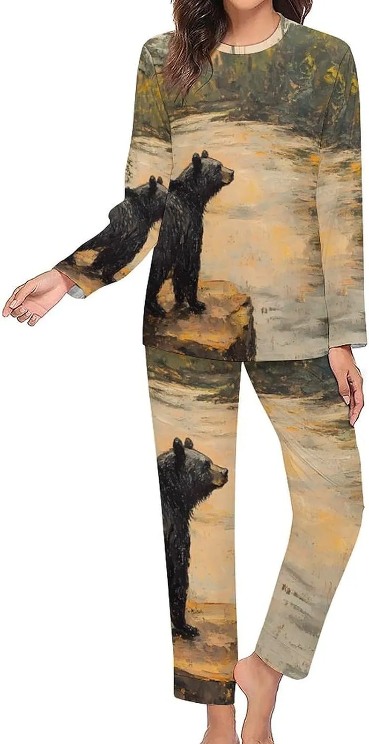 Lonely Black Bear Women's Pajama Set Long Sleeve T-shirts Top & Pant Comfort Sleepwear Loungewear