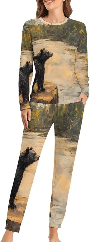 Lonely Black Bear Women's Pajama Set Long Sleeve T-shirts Top & Pant Comfort Sleepwear Loungewear