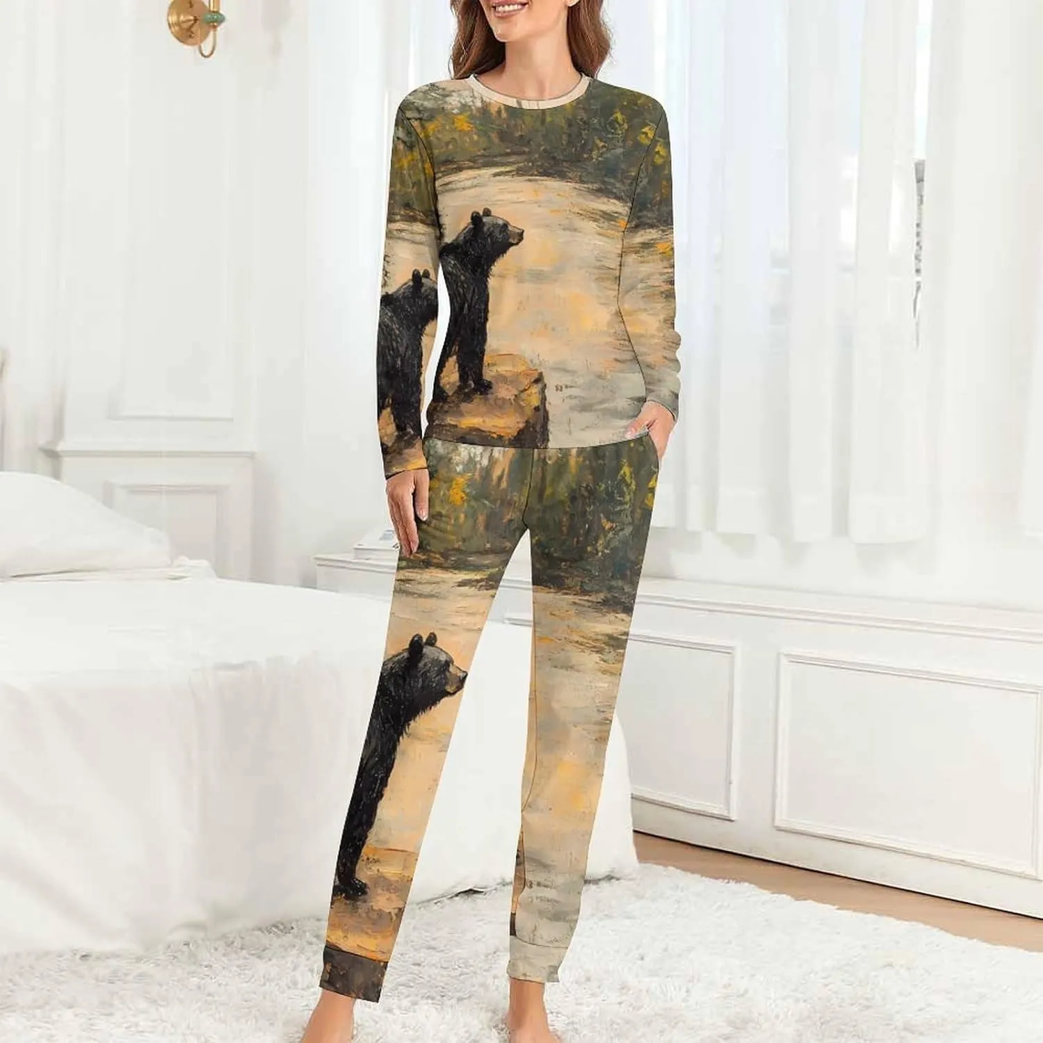 Lonely Black Bear Women's Pajama Set Long Sleeve T-shirts Top & Pant Comfort Sleepwear Loungewear