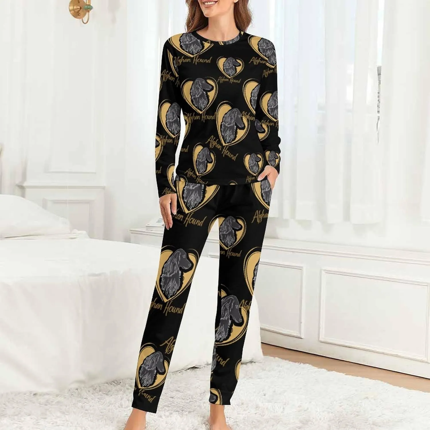 Love Afghan Hound Dog Women's Pajama Set Long Sleeve T-shirts Top & Pant Comfort Sleepwear Loungewear