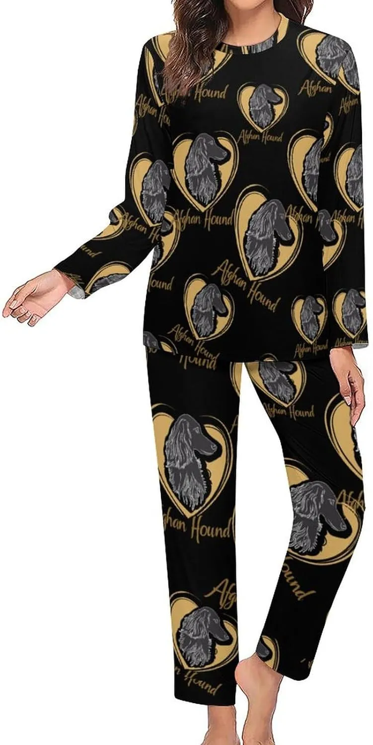 Love Afghan Hound Dog Women's Pajama Set Long Sleeve T-shirts Top & Pant Comfort Sleepwear Loungewear