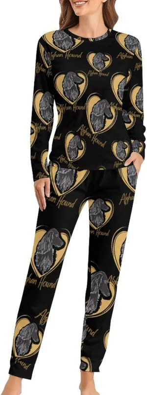 Love Afghan Hound Dog Women's Pajama Set Long Sleeve T-shirts Top & Pant Comfort Sleepwear Loungewear