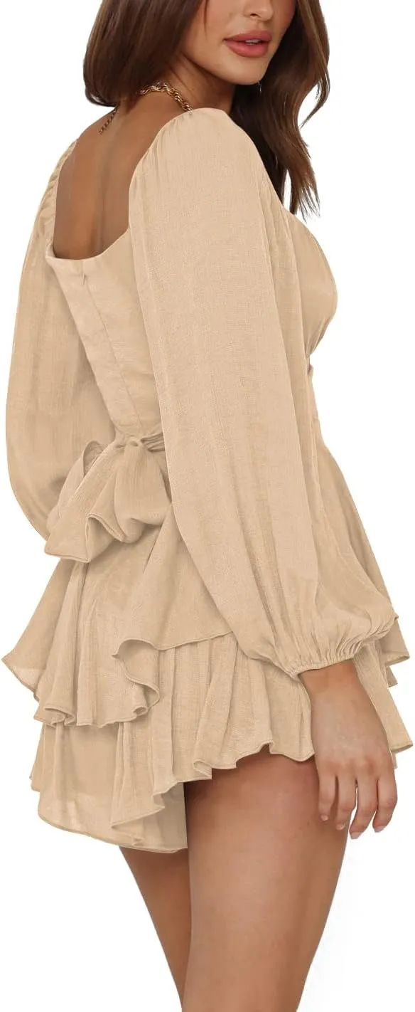 LYANER Women's Jumpsuit Lantern Long Sleeve Ruffle Layer Tie Mini Short Romper