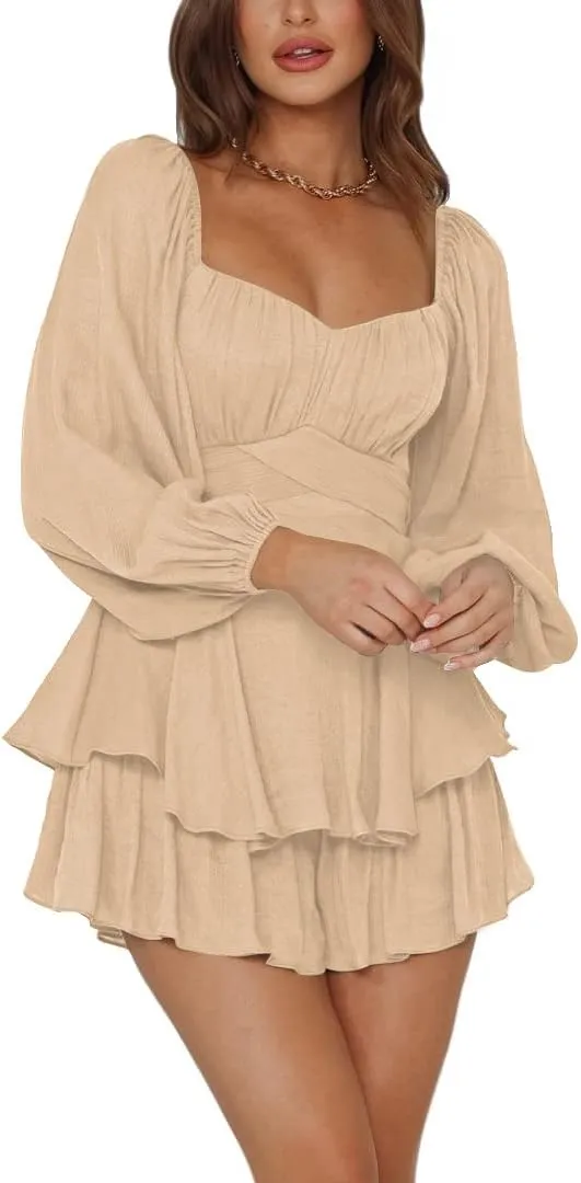 LYANER Women's Jumpsuit Lantern Long Sleeve Ruffle Layer Tie Mini Short Romper