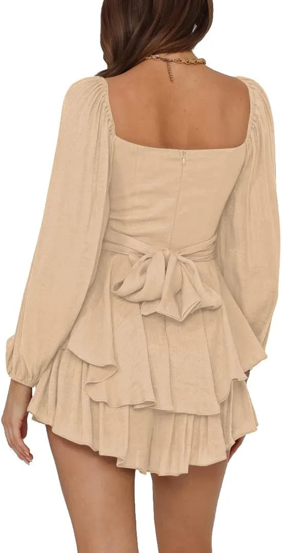 LYANER Women's Jumpsuit Lantern Long Sleeve Ruffle Layer Tie Mini Short Romper
