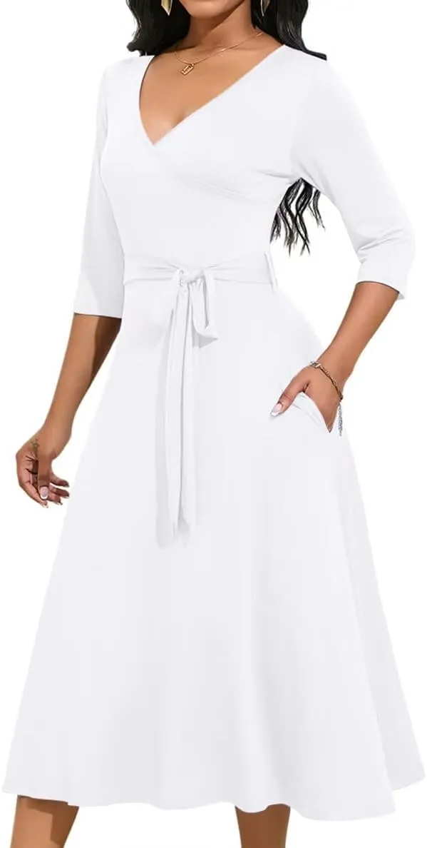 Magritta Midi Dresses for Women Casual 3/4 Sleeve Wrap Dress Plus Size Curvy Cocktail Dresses with Pockets