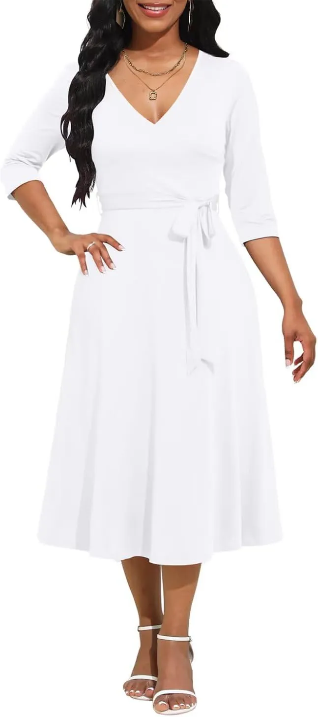 Magritta Midi Dresses for Women Casual 3/4 Sleeve Wrap Dress Plus Size Curvy Cocktail Dresses with Pockets