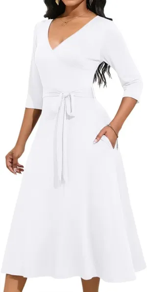 Magritta Midi Dresses for Women Casual 3/4 Sleeve Wrap Dress Plus Size Curvy Cocktail Dresses with Pockets