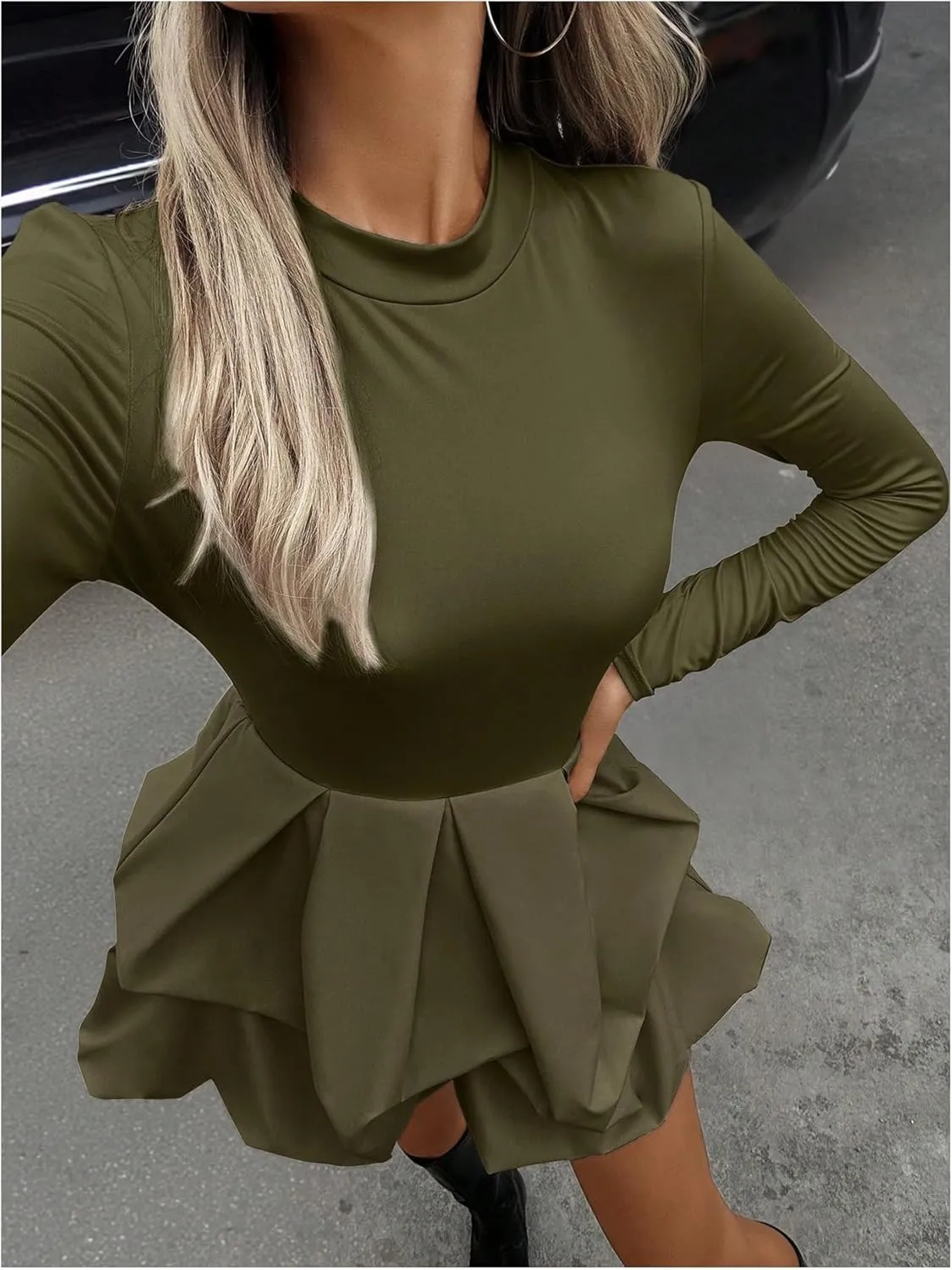 MakeMeChic Women's Long Sleeve Mock Neck Mini Dress Ruffle Hem A Line Short Dresses