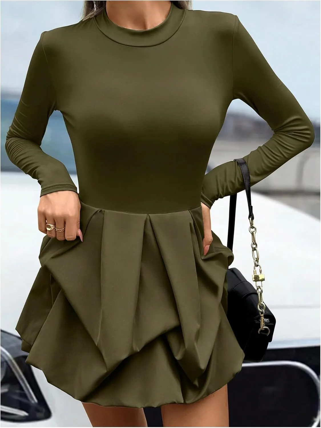 MakeMeChic Women's Long Sleeve Mock Neck Mini Dress Ruffle Hem A Line Short Dresses