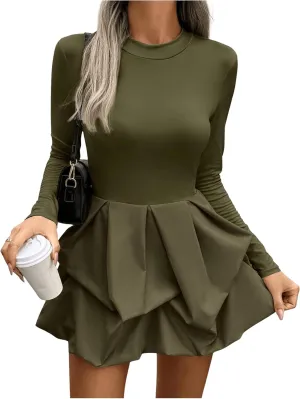 MakeMeChic Women's Long Sleeve Mock Neck Mini Dress Ruffle Hem A Line Short Dresses