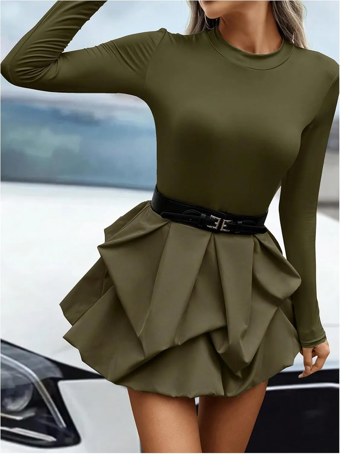 MakeMeChic Women's Long Sleeve Mock Neck Mini Dress Ruffle Hem A Line Short Dresses