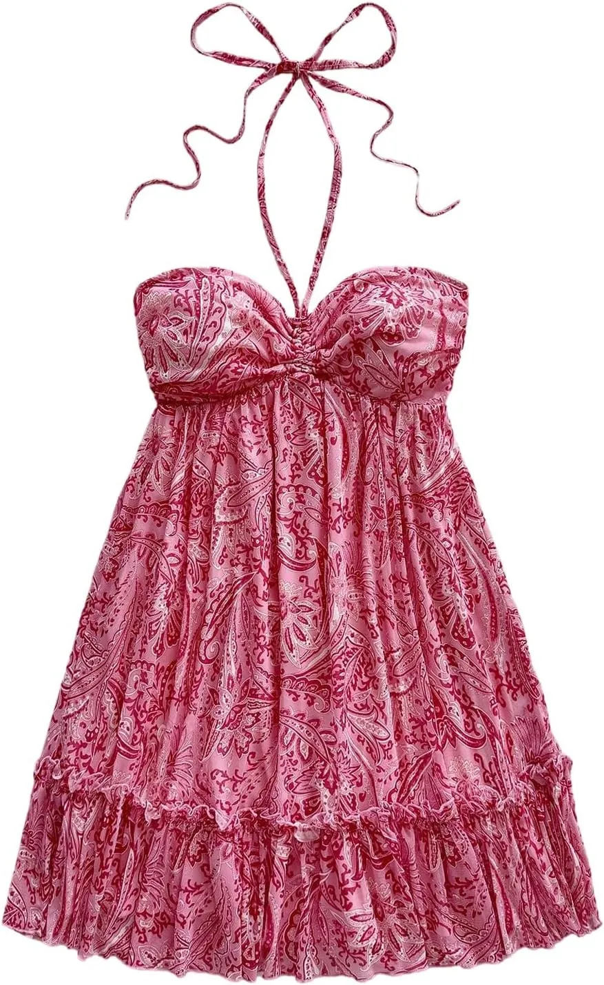 MakeMeChic Women's Paisley Print Halter Tie Back Sleeveless Ruched A Line Mini Dress