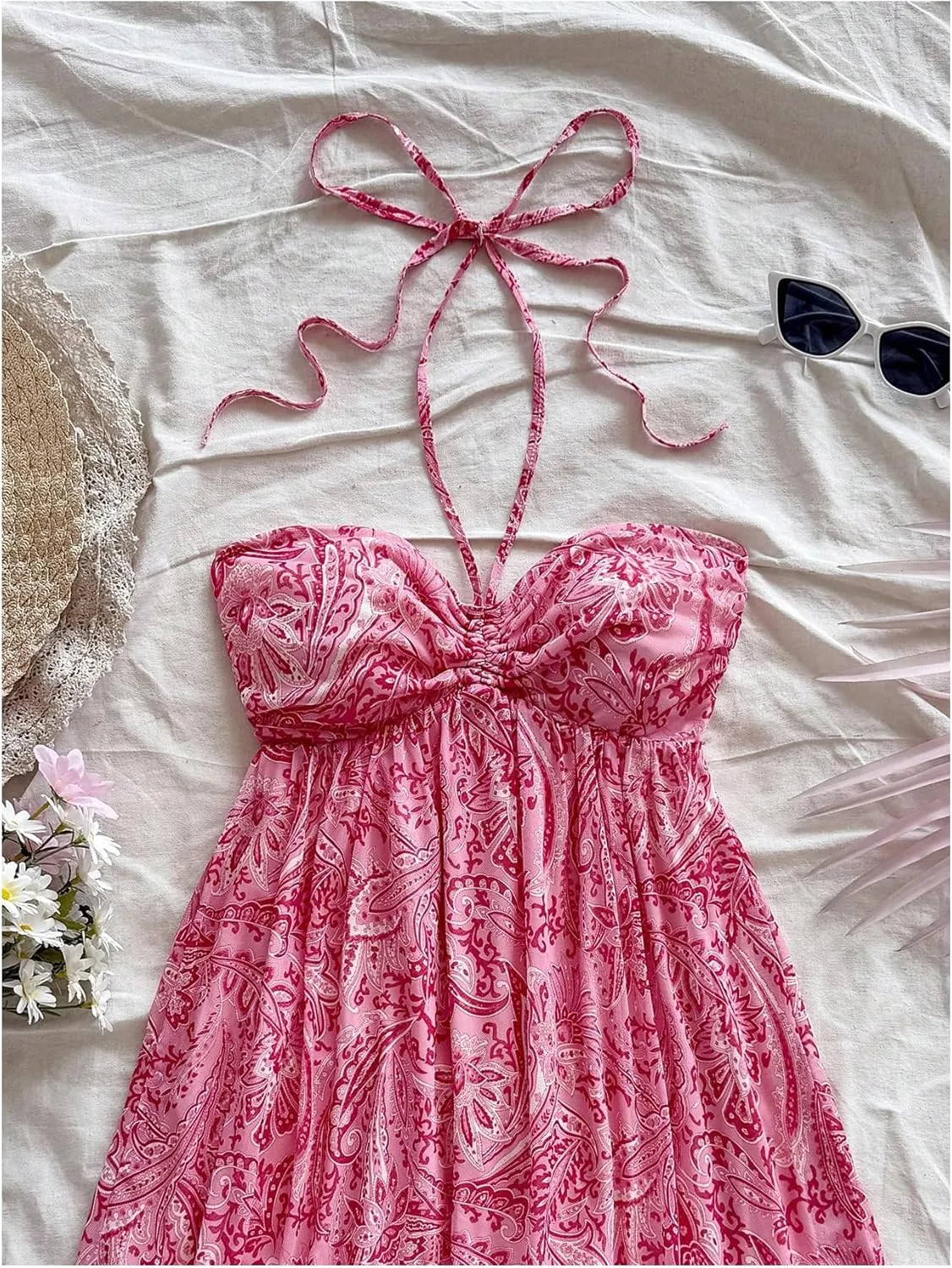 MakeMeChic Women's Paisley Print Halter Tie Back Sleeveless Ruched A Line Mini Dress