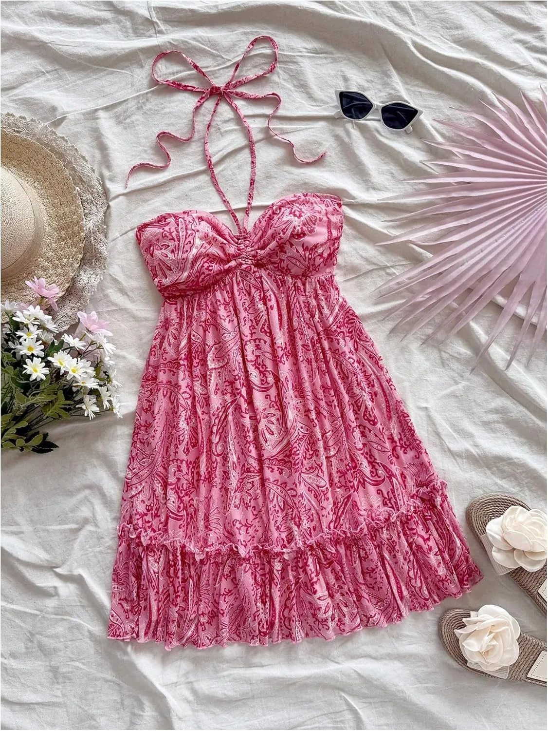 MakeMeChic Women's Paisley Print Halter Tie Back Sleeveless Ruched A Line Mini Dress