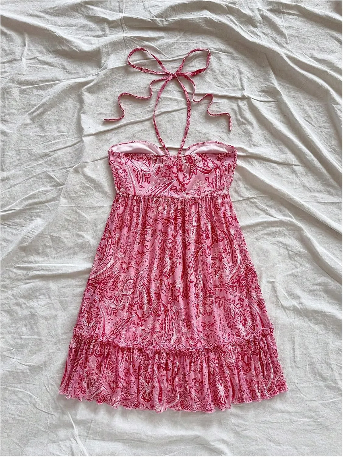 MakeMeChic Women's Paisley Print Halter Tie Back Sleeveless Ruched A Line Mini Dress