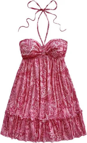 MakeMeChic Women's Paisley Print Halter Tie Back Sleeveless Ruched A Line Mini Dress