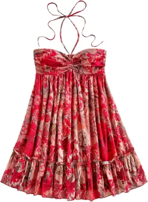 MakeMeChic Women's Paisley Print Ruched Halter Mini Dress Ruffle Tiered A Line Boho Dresses