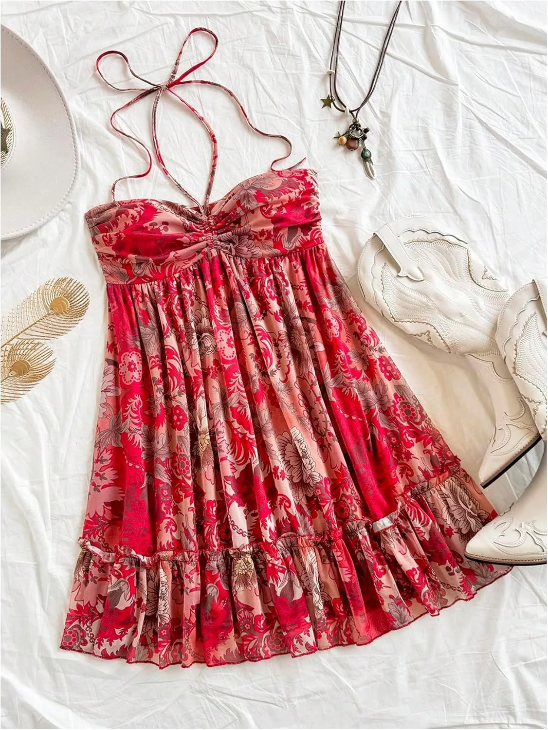 MakeMeChic Women's Paisley Print Ruched Halter Mini Dress Ruffle Tiered A Line Boho Dresses
