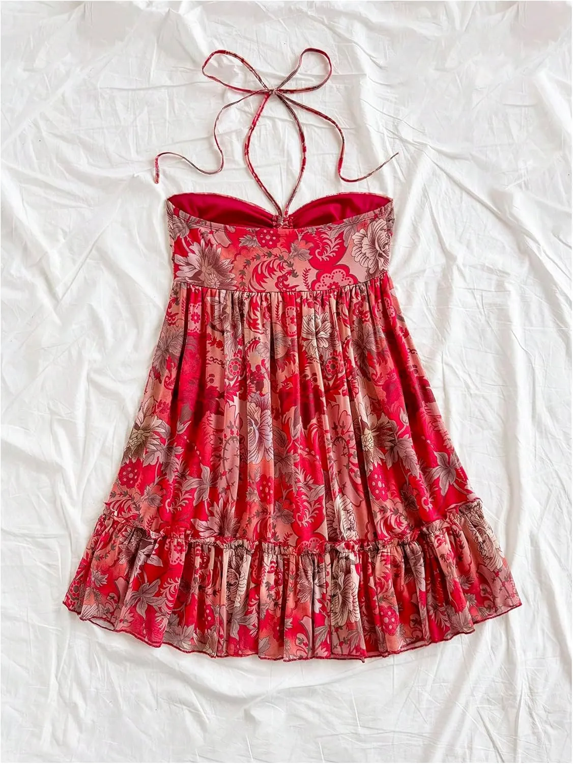 MakeMeChic Women's Paisley Print Ruched Halter Mini Dress Ruffle Tiered A Line Boho Dresses