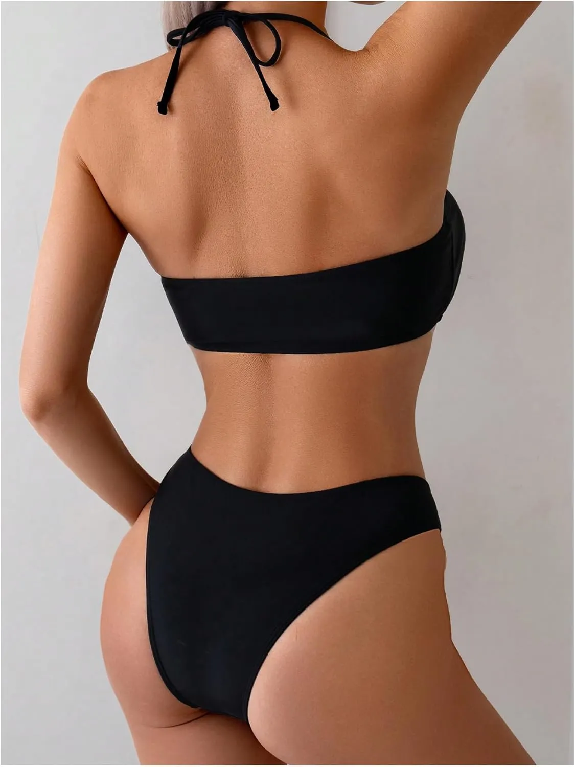 MakeMeChic Women's Two Piece Bikini Set Halter Ring Backless Summer Bathing Swimsuits